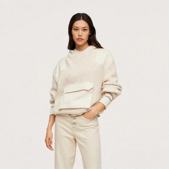 Mango Women’s XS Cropped Hooded Cable Knit Patchwork Sweater Cream Front Pocket - Picture 4 of 9